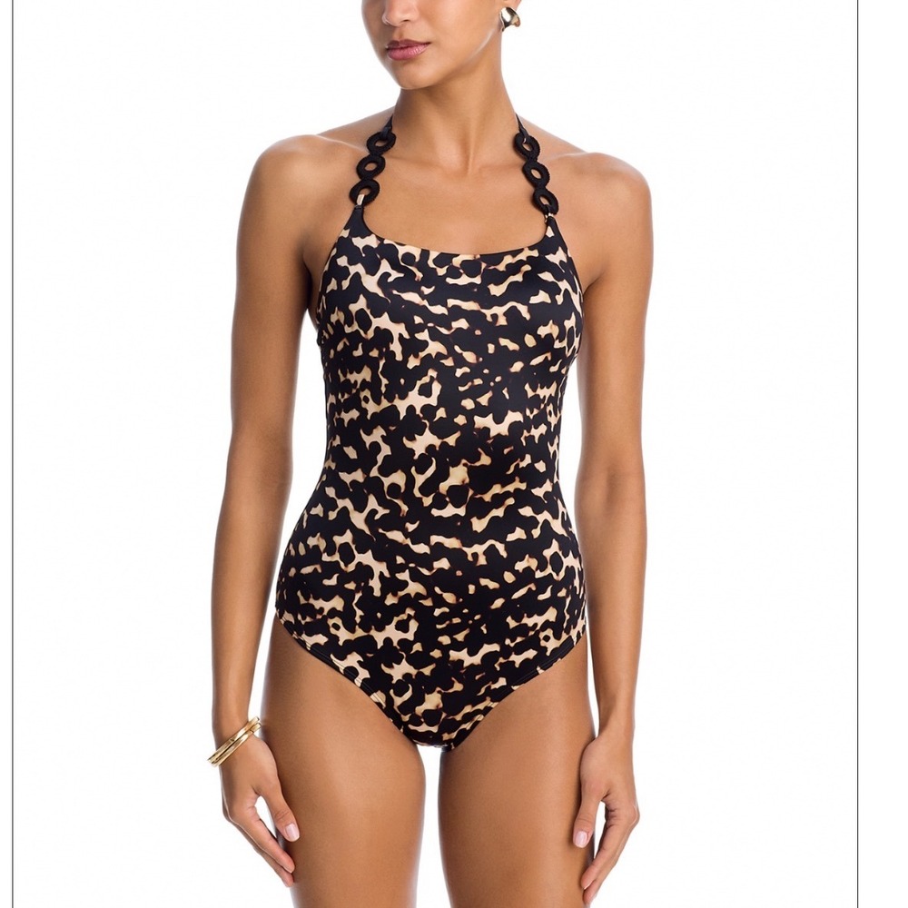 STAUD Laird One Piece Swimsuit Tortoise Animal Print Halter Beaded Small